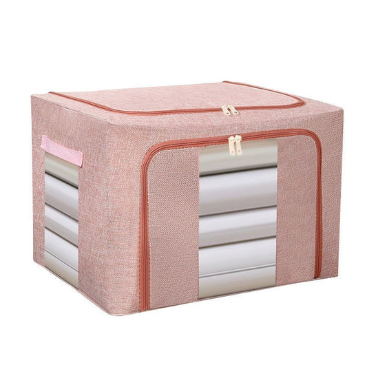 Cutie Depozitare Pliabila cu Cadru Metalic, Organizator Textile cu 2 Ferestre si Fermoar, Bumbac si In Impermeabil, 66 L, 50x40x33 cm, Roz Pudrat