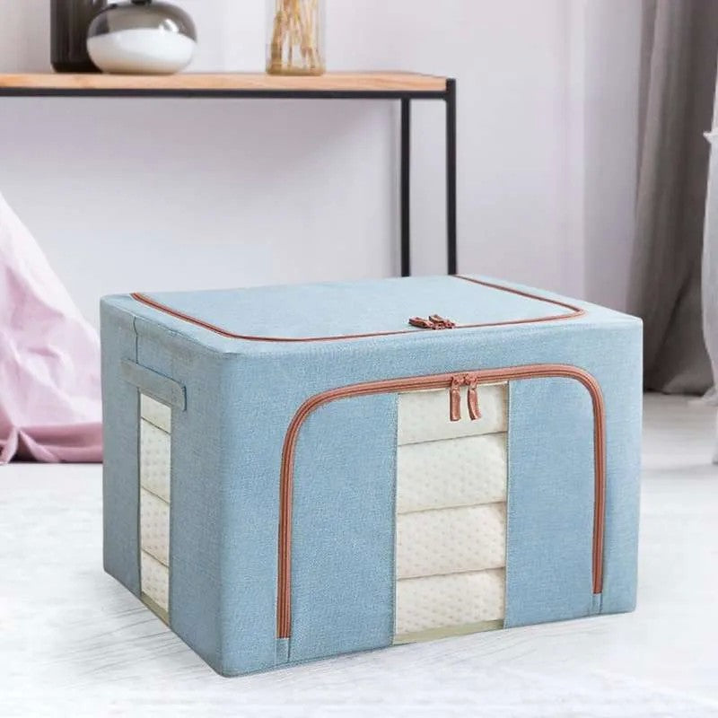 Cutie Depozitare Pliabila cu Fermoar si Ferestre, Organizator Haine si Jucarii, Cadru Metalic, Bumbac si In, 66 L, 50x40x33 cm, Bleu