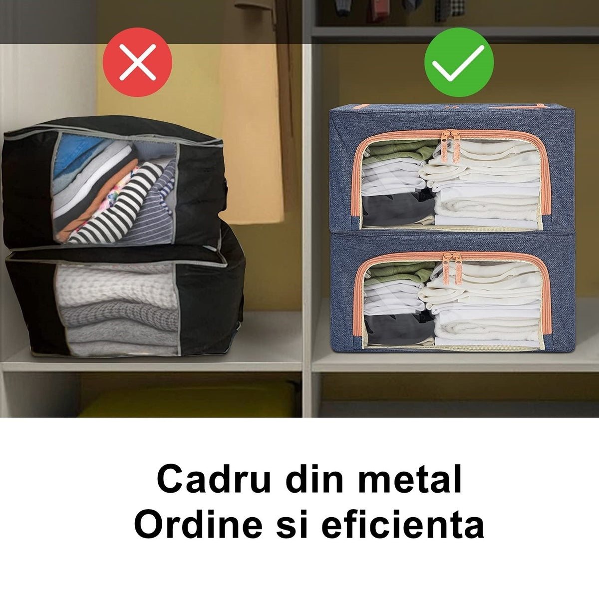 Cutie Depozitare Pliabila pentru Haine si Jucarii, Organizator cu Fermoar si Cadru Metalic, Material Textil cu 2 Ferestre Transparente, 66 L, 50x40x33 cm, Albastru Marin