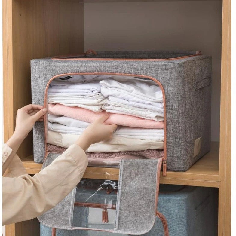 Cutie Depozitare Pliabila Pentru Haine si Jucarii, Cadru Metalic, Inchidere cu Fermoar si 2 Ferestre, Material Textil Bumbac si In, 66 L, 50x40x33 cm, Gri