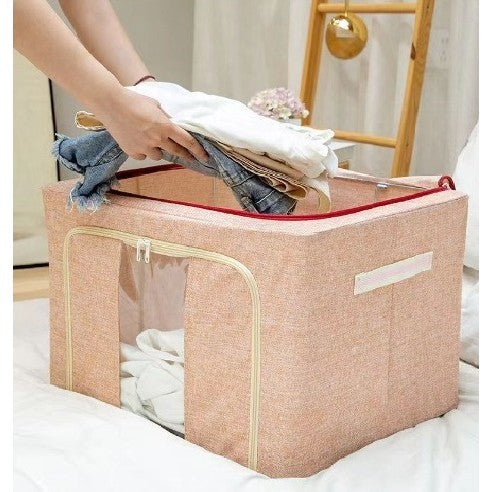 Cutie Depozitare Pliabila pentru Haine si Lenjerie, Cadru Metalic si 2 Ferestre Vizionare, Bumbac si In Impermeabil, 66 L, 50x40x33 cm, Bej