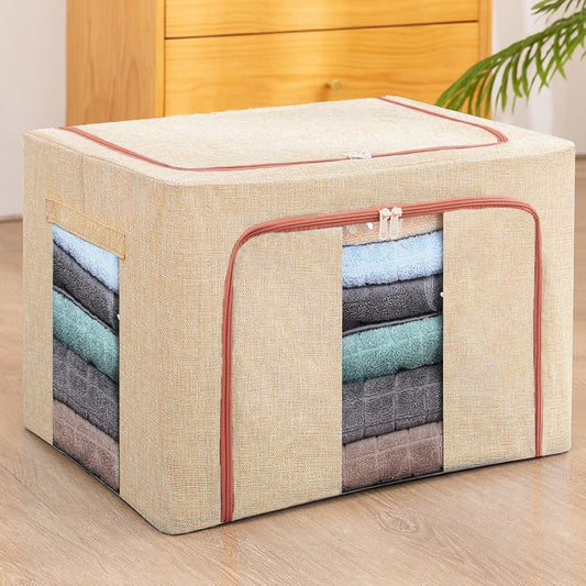Cutie Depozitare Pliabila pentru Haine si Lenjerie, Cadru Metalic si 2 Ferestre Vizionare, Bumbac si In Impermeabil, 66 L, 50x40x33 cm, Bej