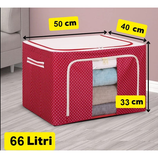 Cutie de Depozitare Pliabila, Organizator Haine si Jucarii cu Cadru Metalic, Tesatura Oxford 600D, 2 Usi cu Fermoar si Fereastra, 66 L, 50x40x33 cm, Rosu cu Buline