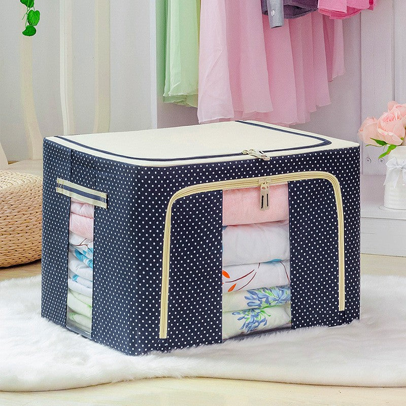 Cutie de Depozitare Pliabila cu Cadru Metalic, Organizator Haine si Jucarii, Panza Oxford 600D, 2 Ferestre si Fermoar Bidirectional, 66 L, 50x40x33 cm, Albastru cu Buline