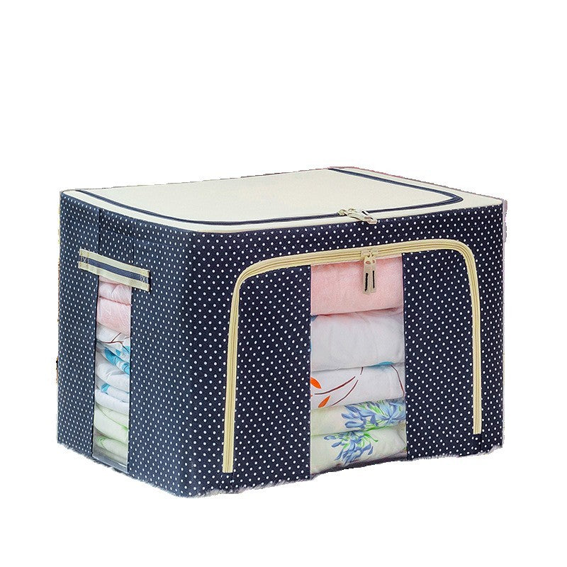 Cutie de Depozitare Pliabila cu Cadru Metalic, Organizator Haine si Jucarii, Panza Oxford 600D, 2 Ferestre si Fermoar Bidirectional, 66 L, 50x40x33 cm, Albastru cu Buline
