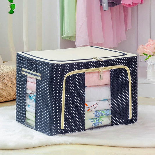 Cutie de Depozitare Pliabila cu Cadru Metalic, Organizator Haine si Jucarii, Panza Oxford 600D, 2 Ferestre si Fermoar Bidirectional, 66 L, 50x40x33 cm, Albastru cu Buline