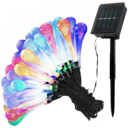 Instalatie Solara Liniara, Decoratiune de Craciun Tip Picatura de Apa, 28 LED-uri, Acumulator 600 mAh, Fir Negru, Plastic si Cupru, Interior si Exterior, 6 m, Multicolor