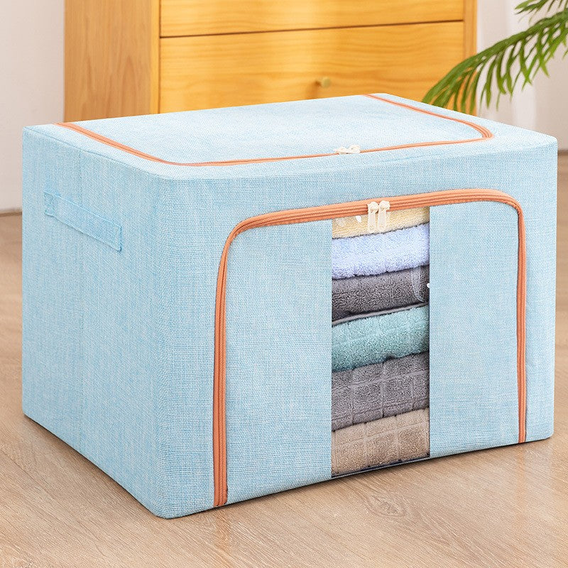 Cutie de Depozitare Pliabila, Organizator Haine si Lenjerii cu Cadru Metalic, Fereastra Frontala si 2 Usi cu Fermoar, Bumbac si In Impermeabil, 66 L, 50x40x33 cm, Bleu