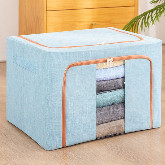 Cutie de Depozitare Pliabila, Organizator Haine si Lenjerii cu Cadru Metalic, Fereastra Frontala si 2 Usi cu Fermoar, Bumbac si In Impermeabil, 66 L, 50x40x33 cm, Bleu