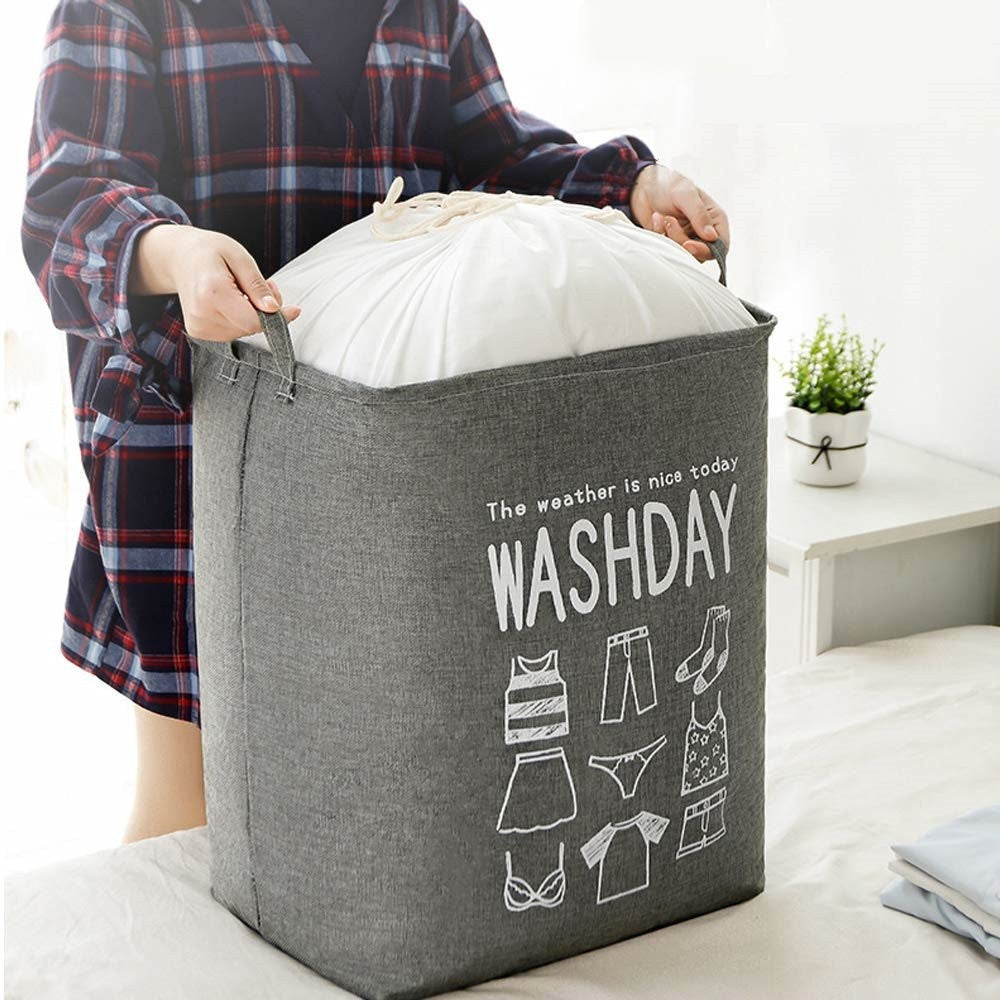 Cos de Rufe Pliabil, Cos pentru Depozitare Haine Murdare, Material Textil din Bumbac si In, 72 L, 30x40x60 cm, Gri cu Imprimeu