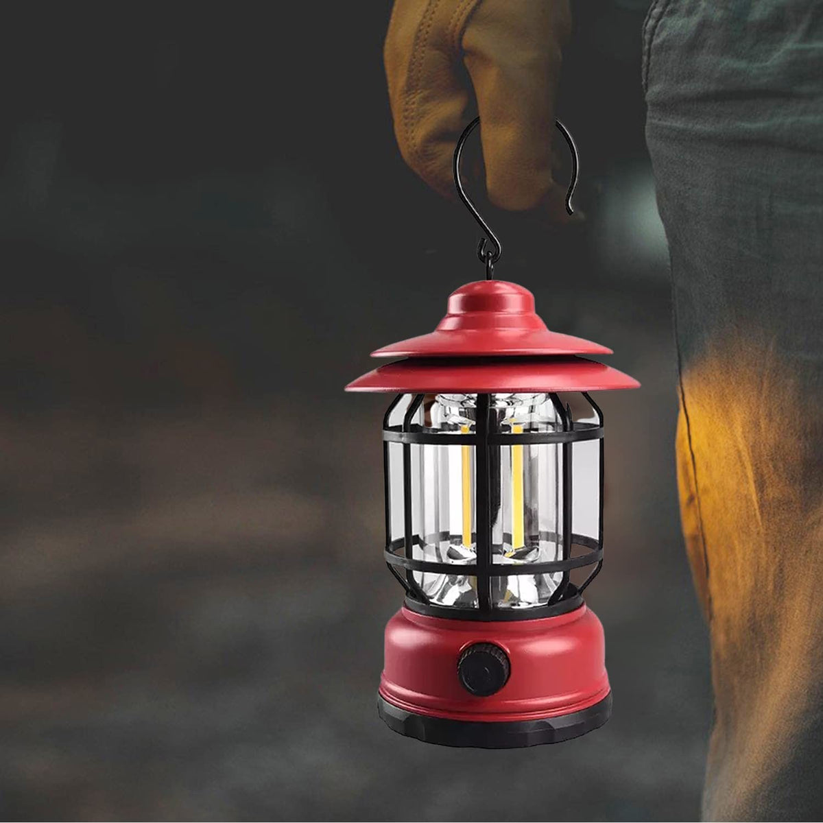Lampa Portabila Camping, Felinar Vintage cu Carlig, Iluminare 21 COB LED, Intensitate Reglabila 20-200 Lumeni, Autonomie 6 Ore, Material ABS si PS, Rosu