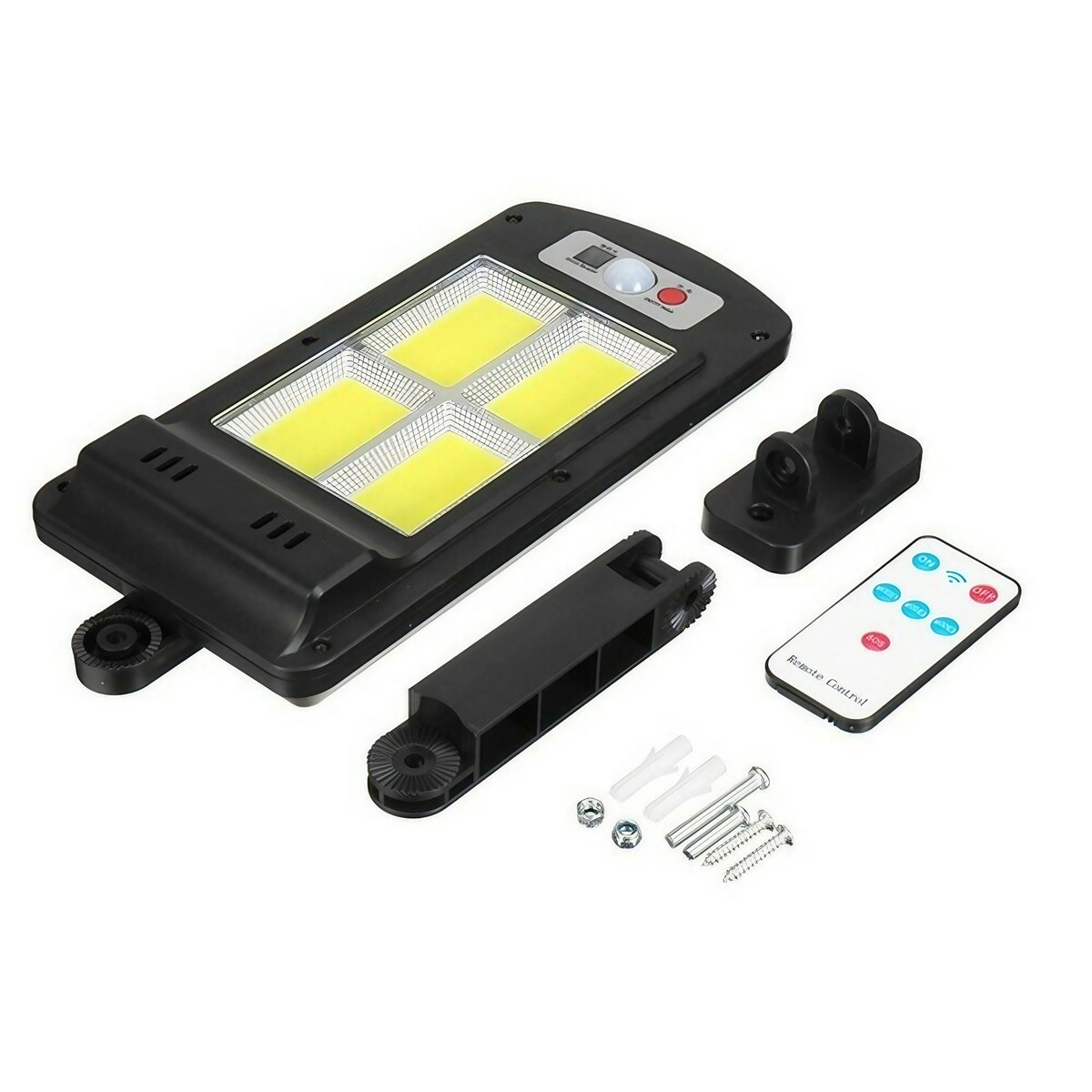 Lampa Solara De Exterior LED Cu Senzor De Miscare Si Lumina, 128 LED COB, 3072 Lumeni, 3 Moduri Iluminare, Protectie IP65, Telecomanda, Carcasa ABS, 23 x 11.5 cm, Alb Rece