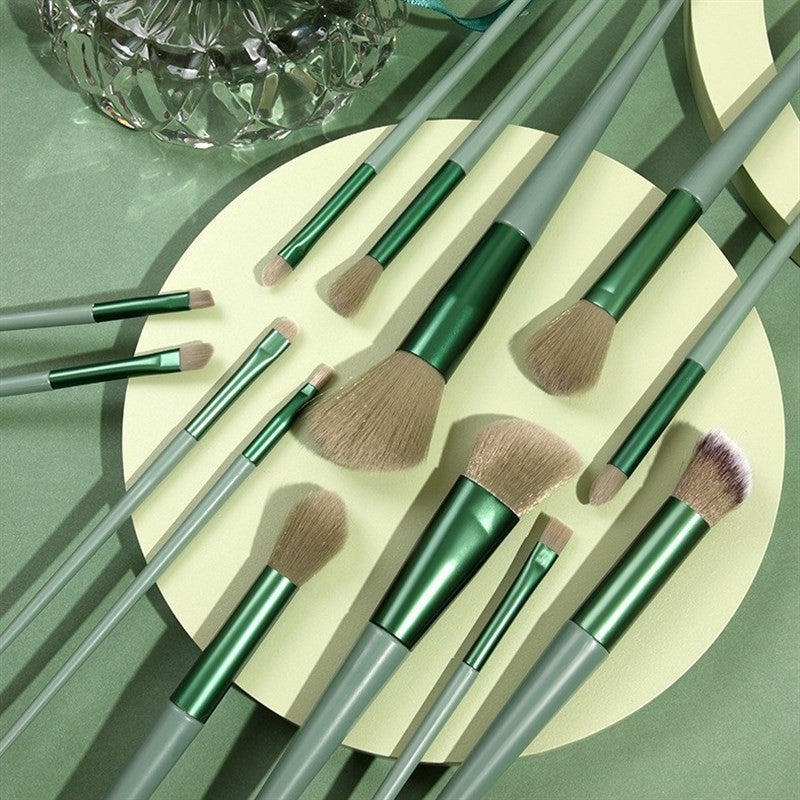 Set 13 Pensule Machiaj Profesionale, Kit Complet pentru Fond de Ten, Contur si Fard Pleoape, Fibre Ultra-Fine Super Soft, Maner Ergonomic, Verde