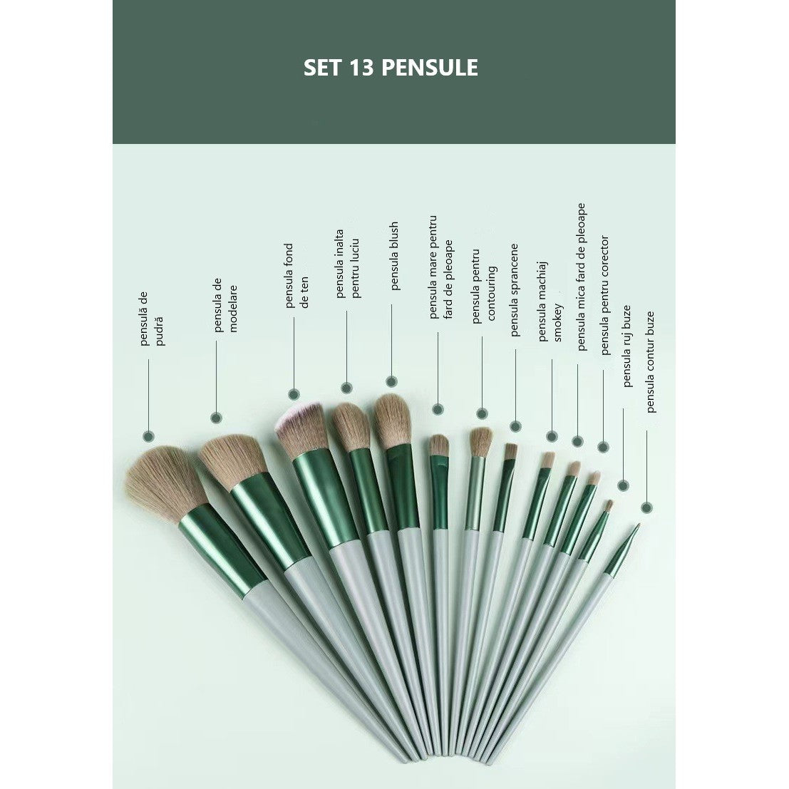 Set 13 Pensule Machiaj Profesionale, Kit Complet pentru Fond de Ten, Contur si Fard Pleoape, Fibre Ultra-Fine Super Soft, Maner Ergonomic, Verde