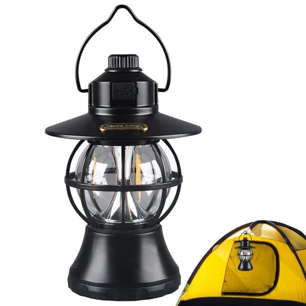 Lampă Camping Retro, Felinar Vintage LED Portabil, 3 Moduri de Iluminare, Rezistent la Apă, Acumulator 1200 mAh, Reîncărcabilă USB, ABS și Metal, 20 cm, Negru