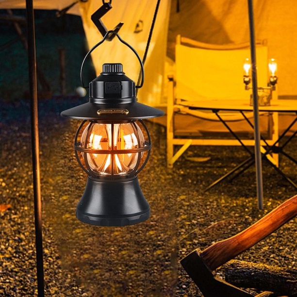 Lampă Camping Retro, Felinar Vintage LED Portabil, 3 Moduri de Iluminare, Rezistent la Apă, Acumulator 1200 mAh, Reîncărcabilă USB, ABS și Metal, 20 cm, Negru