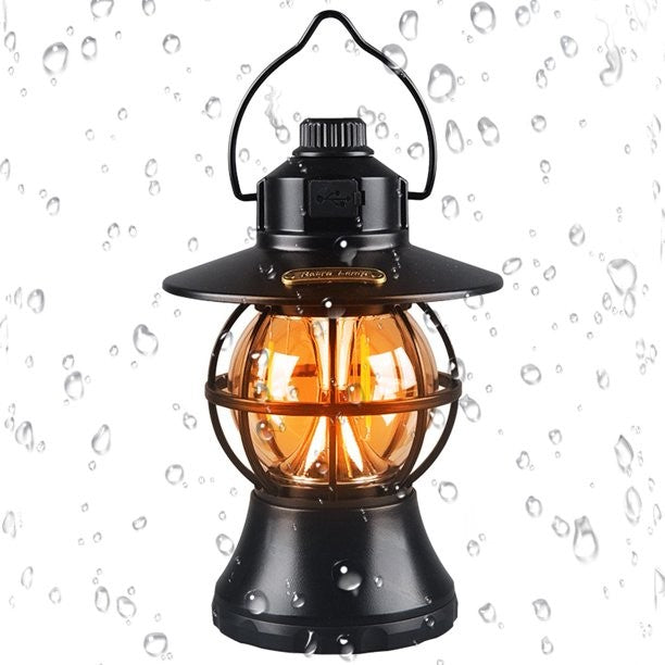 Lampă Camping Retro, Felinar Vintage LED Portabil, 3 Moduri de Iluminare, Rezistent la Apă, Acumulator 1200 mAh, Reîncărcabilă USB, ABS și Metal, 20 cm, Negru