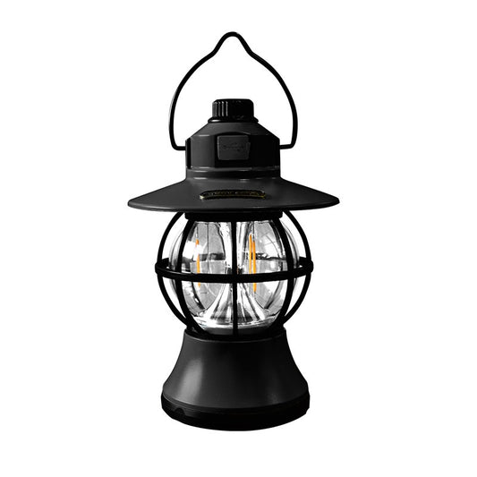 Lampă Camping Retro, Felinar Vintage LED Portabil, 3 Moduri de Iluminare, Rezistent la Apă, Acumulator 1200 mAh, Reîncărcabilă USB, ABS și Metal, 20 cm, Negru