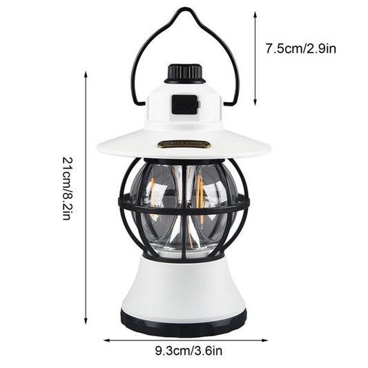 Lampă de Camping Retro, Felinar Vintage LED cu 3 Moduri de Iluminare, Intensitate Reglabilă, Acumulator 1200 mAh Reîncărcabil prin USB, Material ABS și Metal, IPX4 Impermeabil, Înălțime 20 cm, Alb