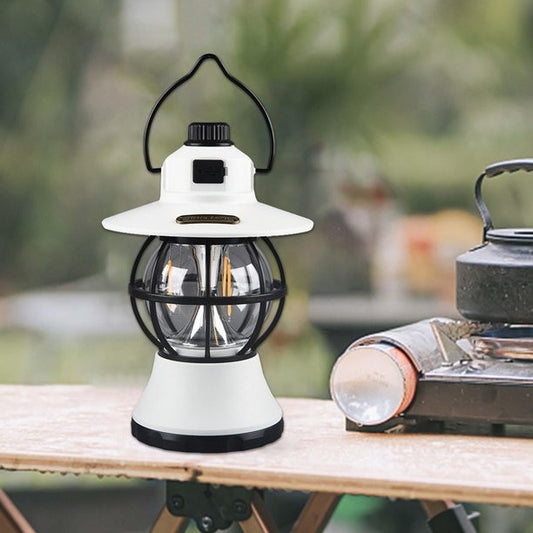 Lampă de Camping Retro, Felinar Vintage LED cu 3 Moduri de Iluminare, Intensitate Reglabilă, Acumulator 1200 mAh Reîncărcabil prin USB, Material ABS și Metal, IPX4 Impermeabil, Înălțime 20 cm, Alb