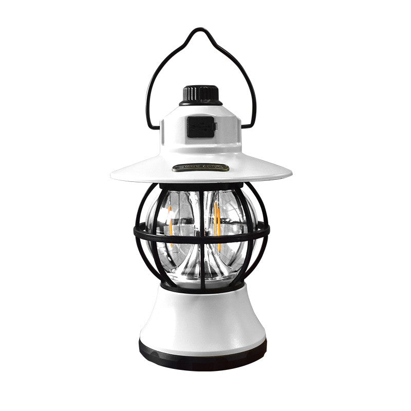 Lampă de Camping Retro, Felinar Vintage LED cu 3 Moduri de Iluminare, Intensitate Reglabilă, Acumulator 1200 mAh Reîncărcabil prin USB, Material ABS și Metal, IPX4 Impermeabil, Înălțime 20 cm, Alb