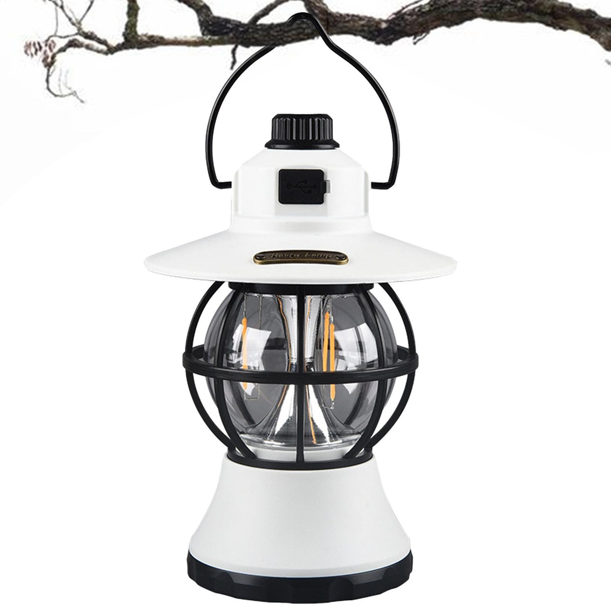 Lampă de Camping Retro, Felinar Vintage LED cu 3 Moduri de Iluminare, Intensitate Reglabilă, Acumulator 1200 mAh Reîncărcabil prin USB, Material ABS și Metal, IPX4 Impermeabil, Înălțime 20 cm, Alb