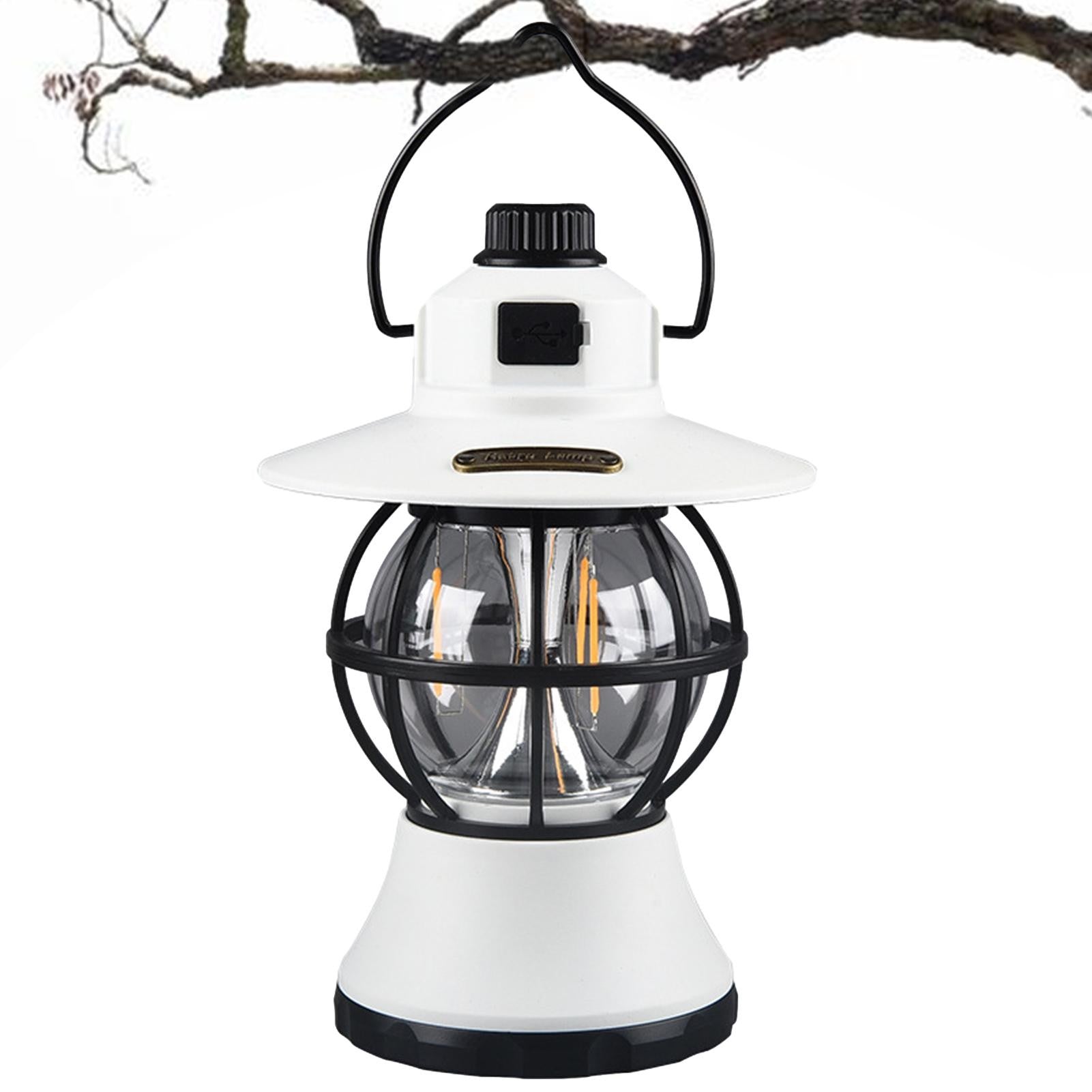 Lampă de Camping Retro, Felinar Vintage LED cu 3 Moduri de Iluminare, Intensitate Reglabilă, Acumulator 1200 mAh Reîncărcabil prin USB, Material ABS și Metal, IPX4 Impermeabil, Înălțime 20 cm, Alb