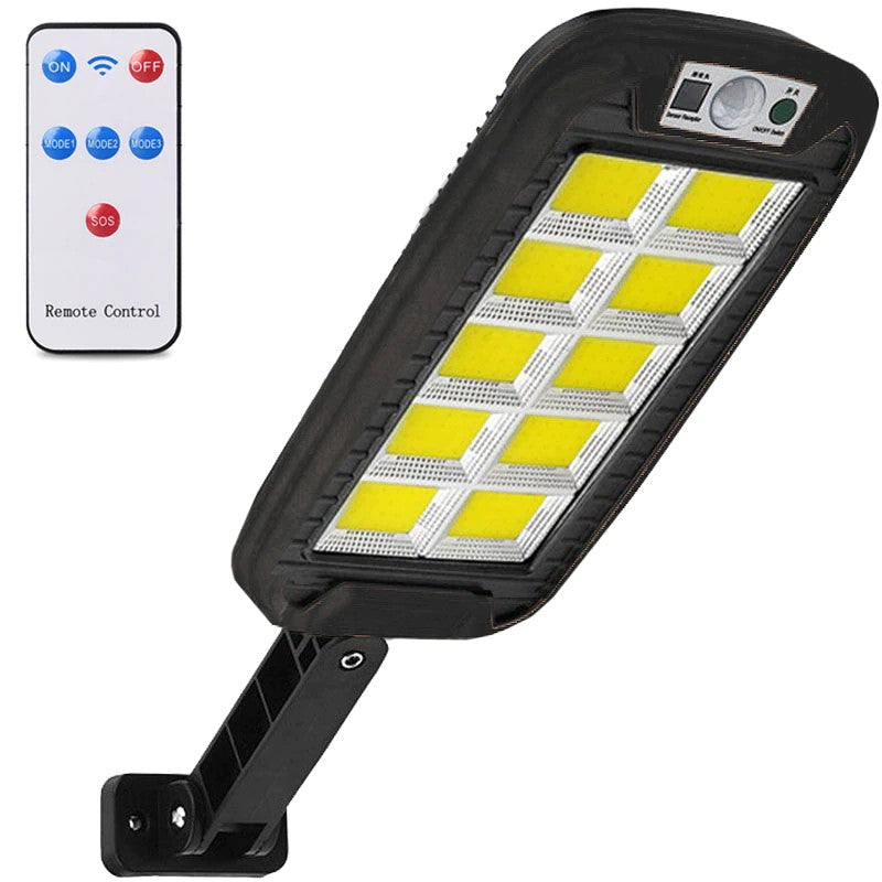 Lampa Solara De Exterior LED Cu Senzor De Miscare, 2880 Lumeni, 120 LED COB, 3 Moduri De Iluminare, IP65 Impermeabil, Carcasa ABS, 36 cm x 11.5 cm, Alb Rece, 24 W