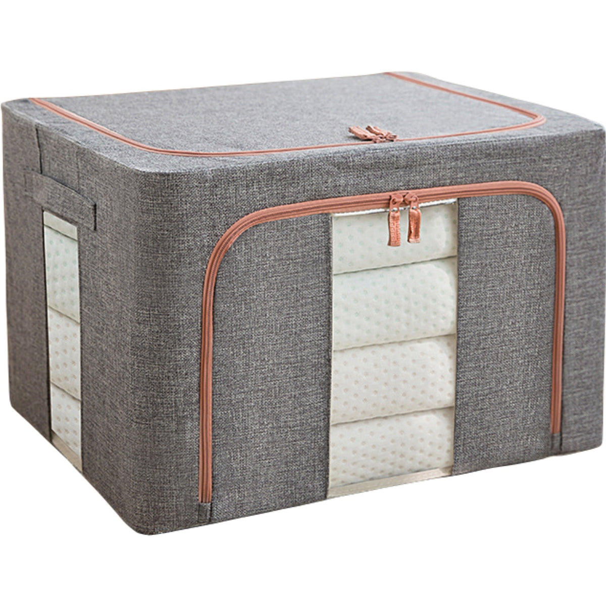 Cutie Depozitare Haine si Jucarii Pliabila, Organizator cu Fermoar si Cadru Metalic, 2 Ferestre Transparente, Material Textil Bumbac, Capacitate 100 L, Gri, 60x42x40 cm