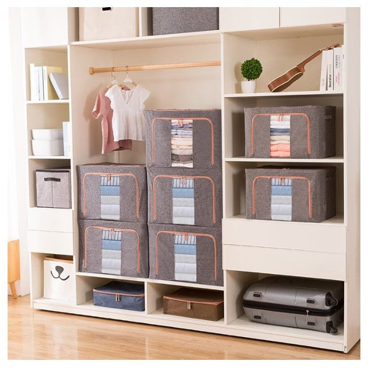 Cutie de Depozitare Pliabila, Organizator Haine si Jucarii cu Cadru Metalic, Material Impermeabil din Bumbac si In, 2 Ferestre si Fermoar Bidirectional, Gri, 24 L, 40x30x20 cm