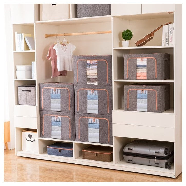 Cutie de Depozitare Pliabila, Organizator Haine si Jucarii cu Cadru Metalic, Material Impermeabil din Bumbac si In, 2 Ferestre si Fermoar Bidirectional, Gri, 24 L, 40x30x20 cm