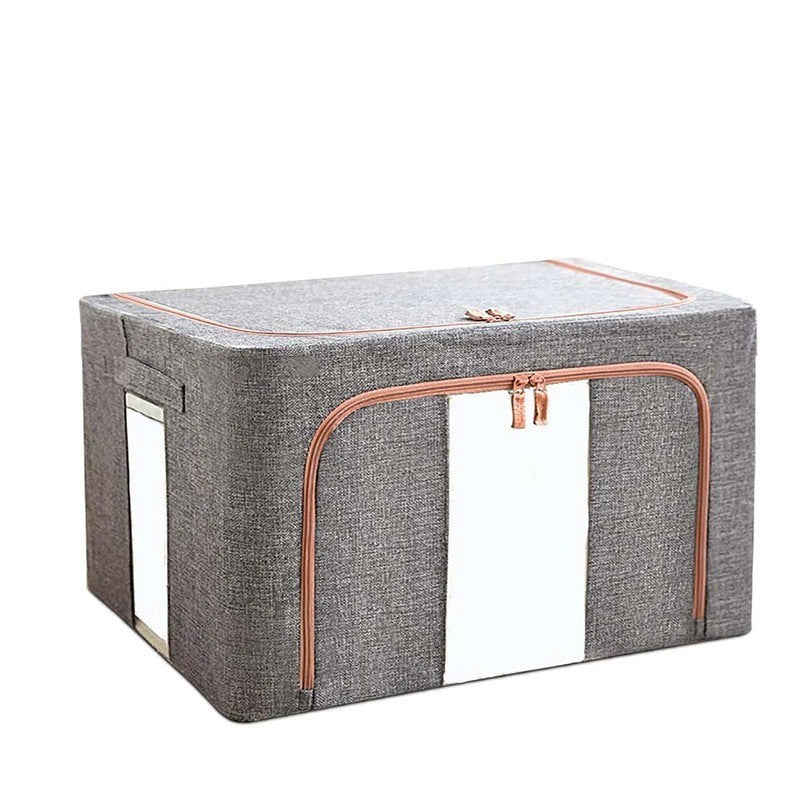 Cutie de Depozitare Pliabila, Organizator Haine si Jucarii cu Cadru Metalic, Material Impermeabil din Bumbac si In, 2 Ferestre si Fermoar Bidirectional, Gri, 24 L, 40x30x20 cm