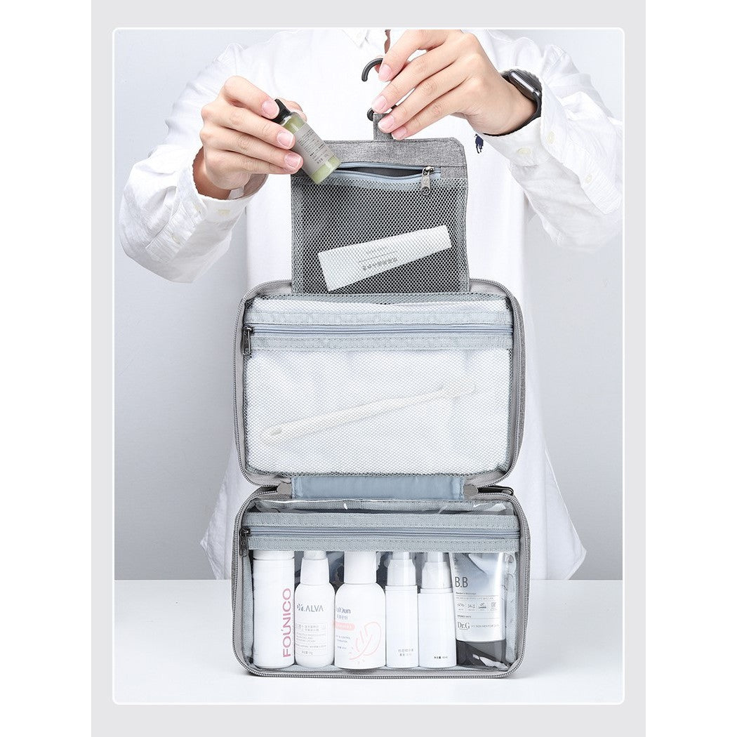 Geanta Cosmetice Voiaj Cu Carlig Pentru Agatare, Organizator Toaleta Impermeabil, 3 Compartimente, Material Textil Oxford, Gri, 12.5 x 9 x 22 cm