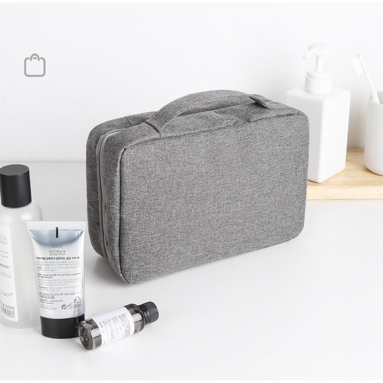 Geanta Cosmetice Voiaj Cu Carlig Pentru Agatare, Organizator Toaleta Impermeabil, 3 Compartimente, Material Textil Oxford, Gri, 12.5 x 9 x 22 cm