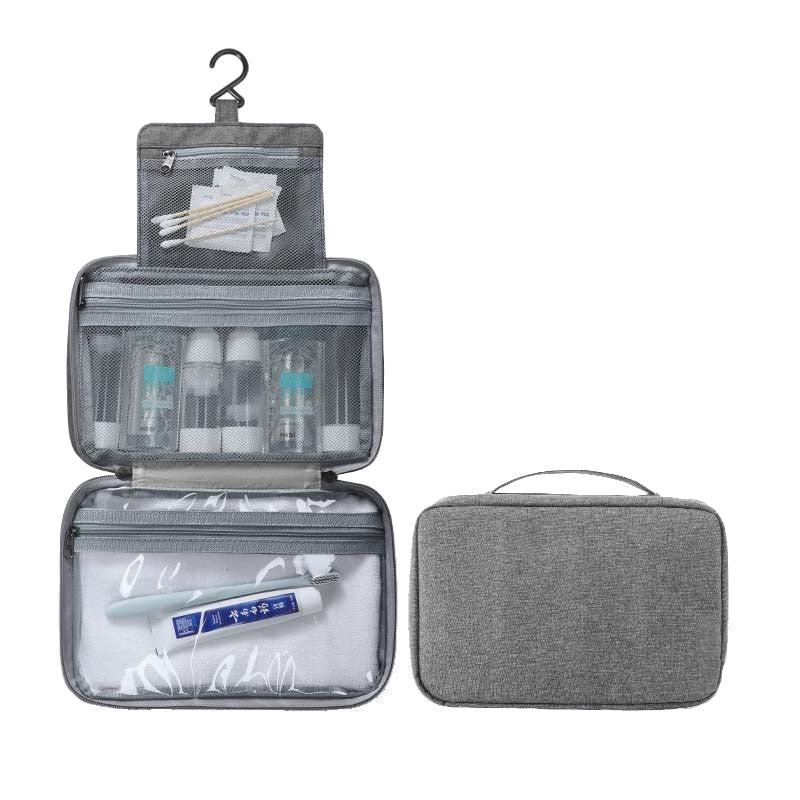 Geanta Cosmetice Voiaj Cu Carlig Pentru Agatare, Organizator Toaleta Impermeabil, 3 Compartimente, Material Textil Oxford, Gri, 12.5 x 9 x 22 cm