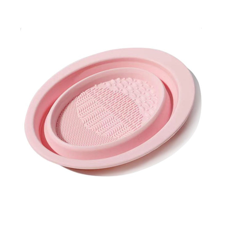 Dispozitiv Curatare Pensule si Buretei Machiaj, Recipient Pliabil cu Striatii pentru Igienizare si Suport Uscare, Silicon, 14.5 x 11.5 cm, Roz