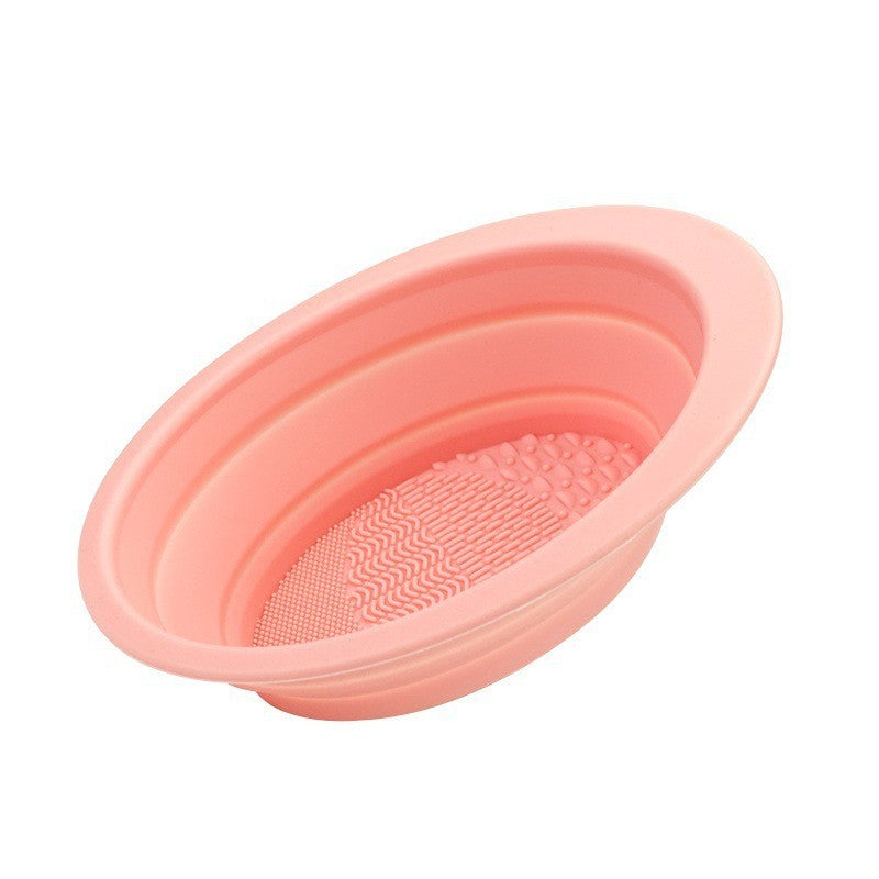 Dispozitiv Curatare Pensule si Buretei Machiaj, Recipient Pliabil cu Striatii pentru Igienizare si Suport Uscare, Silicon, 14.5 x 11.5 cm, Roz