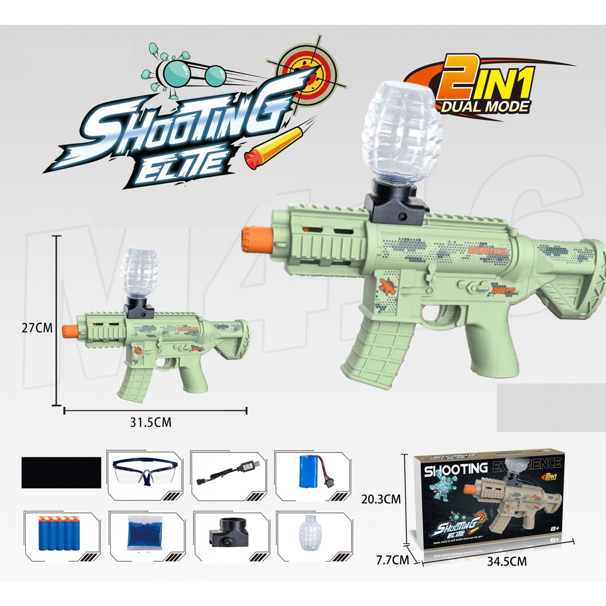 Pistol Electric de Jucarie 2 in 1 Mp9, Blaster cu Bile de Gel si Sageti Spuma, Tragere Automata in Rafala, Include 5000 Bile si Ochelari Protectie, Verde