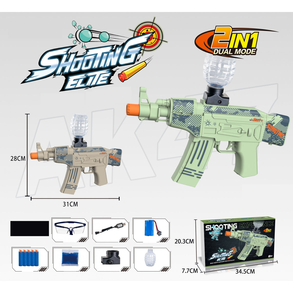 Mitraliera de Jucarie Electrica AK47, Pistol Blaster cu Bile de Gel Hidrogel, Tragere Automata in Rafala, Plastic Rezistent, Include 5000 Bile si Ochelari de Protectie, 28x31 cm, Verde