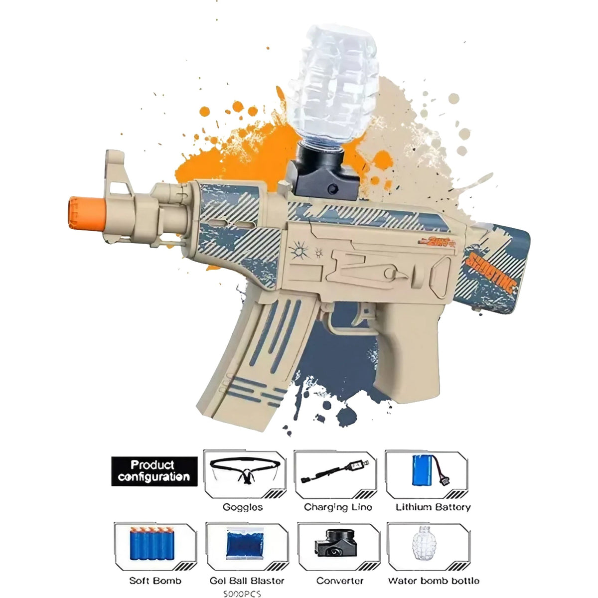 Mitraliera de Jucarie Electrica AK47, Pistol Blaster cu Bile de Gel si Tragere in Rafala, Plastic Dur, Include 5000 Bile si Ochelari de Protectie, 28x31 cm, Crem