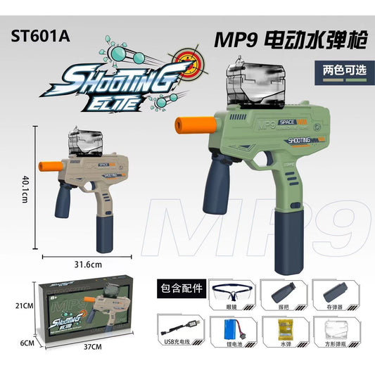 Pistol Mitraliera Mp9 Electric cu Bile de Gel, Blaster cu Tragere Automata in Rafala, Include 5000 Bile si Ochelari Protectie, Incarcare USB, 40.1 x 31.6 cm, Verde