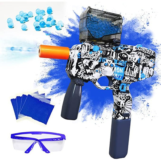 Mitraliera de Jucarie Electrica MP9, Pistol Blaster cu Bile de Gel si Hidrogen, Tragere Automata in Rafala, Plastic Rezistent, Raza 15m, Include 5000 Bile si Ochelari Protectie, 40 cm, Albastru