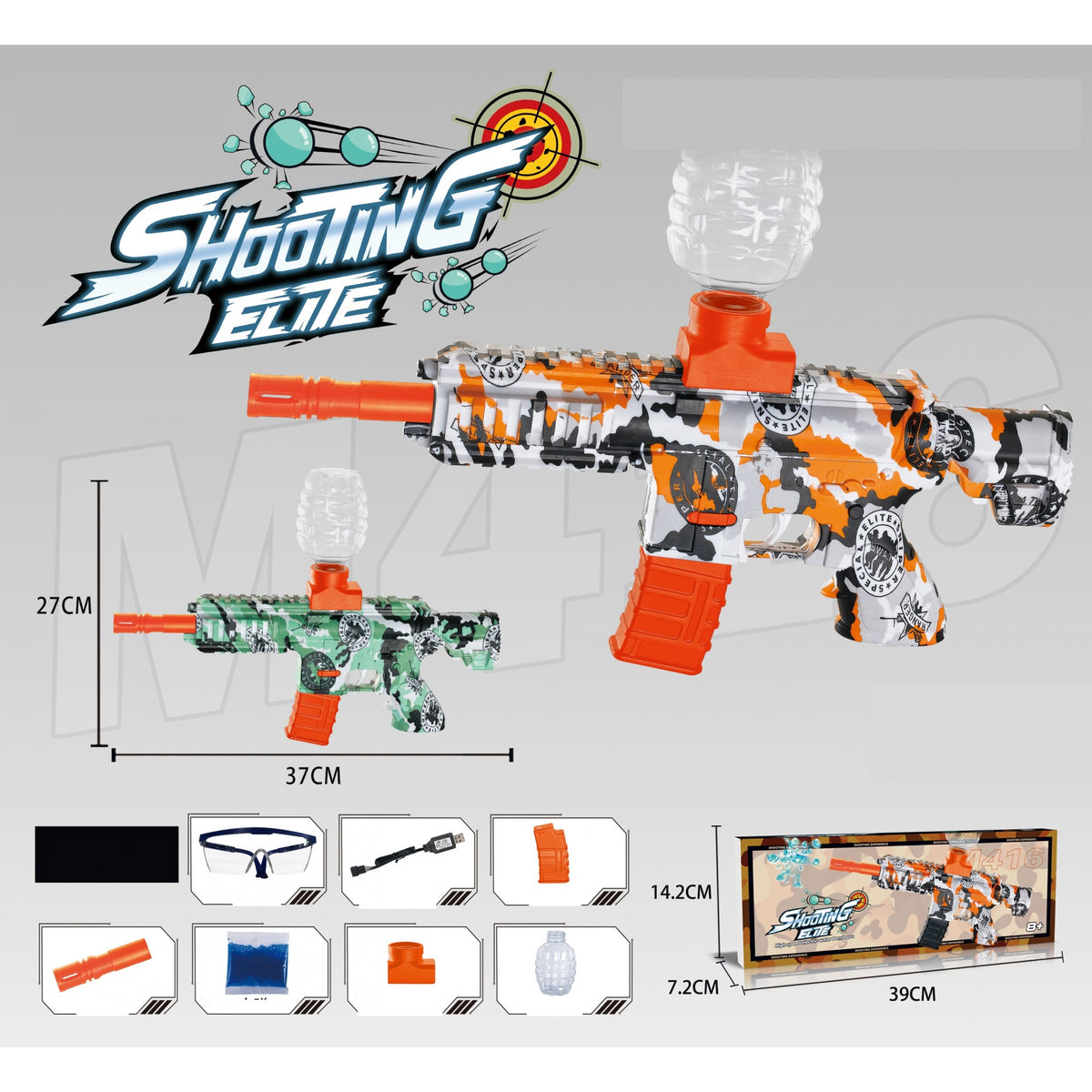 Mitraliera de Jucarie Electrica M416, Pistol cu Bile de Gel si Hidrogen, Tragere Automata in Rafala, Plastic Dur, Include 5000 Bile, Ochelari de Protectie si Incarcator USB, Verde