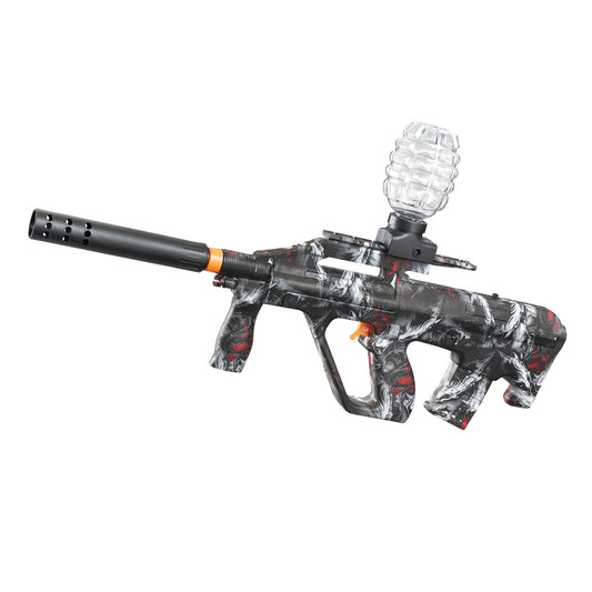 Mitraliera Electrica de Jucarie AUG, Pistol cu Bile de Gel si Hidrogel, Tragere Automata in Rafala, Plastic Dur, Include 5000 Bile si Ochelari Protectie, Incarcare USB, Negru/Gri