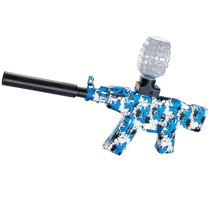 Mitraliera de Jucarie Electrica AK47 cu Bile de Gel si Sageti cu Ventuze, Blaster cu Tragere in Rafala, Amortizor si Ochelari Protectie, Include 5000 Bile, Plastic, 28x31 cm, Albastru