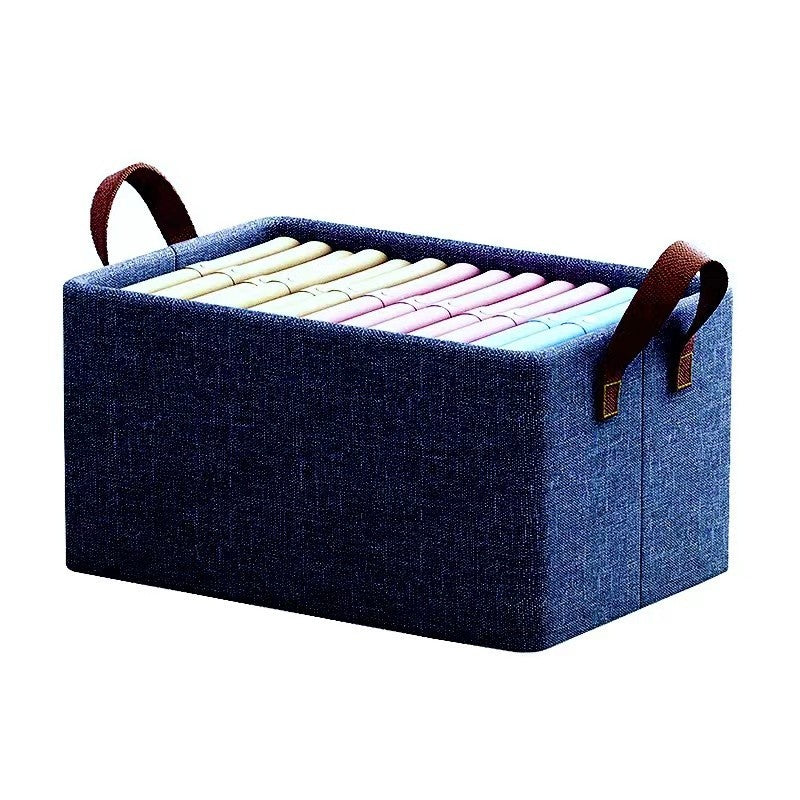 Cos Depozitare Textil Pliabil, Organizator Haine si Jucarii cu Fereastra Transparenta si Fermoar, Bumbac si In, 47x20x28 cm, Albastru