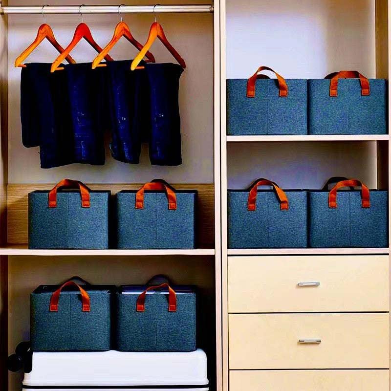 Cos Depozitare Textil Pliabil, Organizator Haine si Jucarii cu Fereastra Transparenta si Fermoar, Bumbac si In, 47x20x28 cm, Albastru