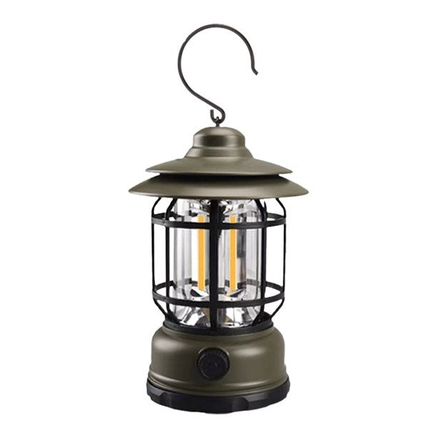 Lampa Portabila Camping, Felinar Vintage cu 21 LED COB, Intensitate Reglabila 20-200 Lumeni, Unghi de Iluminare 360 Grade, Carcasa ABS cu Carlig, 5W, Verde