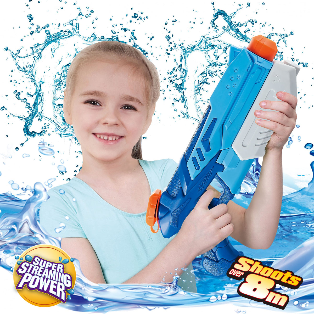 Pistol cu Apa pentru Copii si Adulti, Mecanism cu Pompa de Inalta Presiune pentru Piscina sau Plaja, Plastic Rezistent, 900 ml, Albastru, 6 Ani+