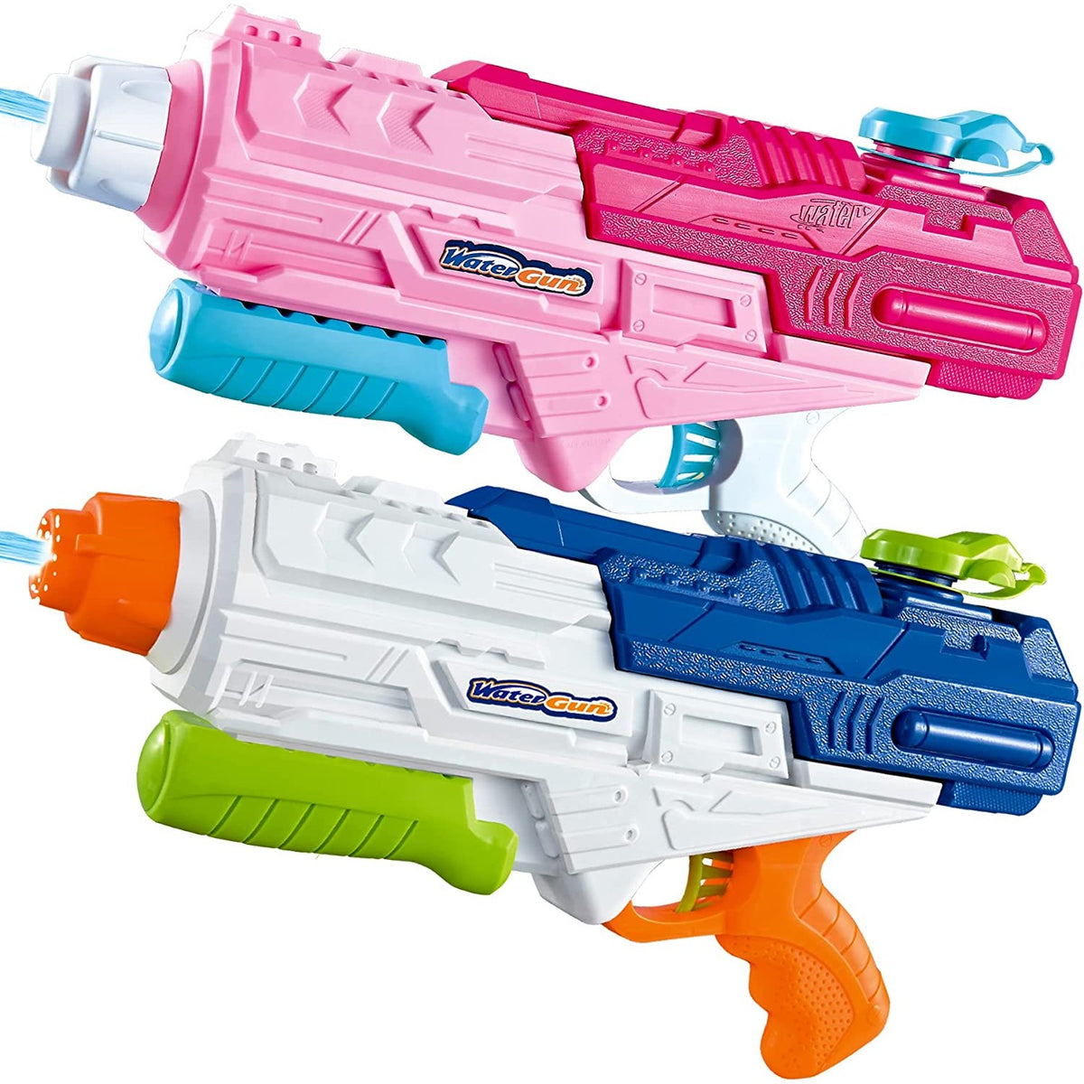 Set 2 Pistoale cu Apa pentru Copii si Adulti, Mecanism cu Pompa si Tragaci, Jucarie Exterior pentru Piscina si Plaja, Capacitate 1200 ML, Roz/Albastru